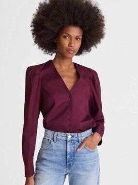 Madewell Dark Pomegranate V-Neck Long Sleeve Button Front Tie Neck Top XS NWT